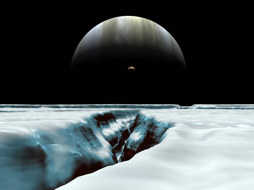 De le satellite Europe, on aperçoit Jupiter et Io. © Walter B Myers/Bridgeman